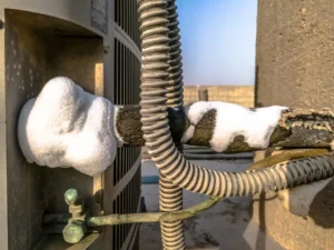 Frozen evaporator coil lines on a home AC unit serviced by Top Notch Heating, Cooling & Plumbing.