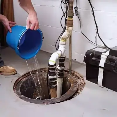 A Top Notch Heating, Cooling & Plumbing technician performing a home sump pump test.