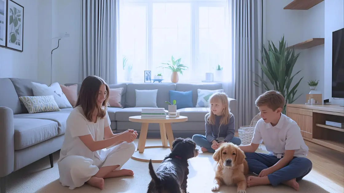 A mother and her two children playing with their two dogs in the living room during the day.