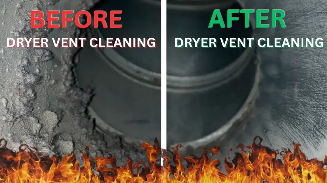 A before and after view of the same dryer vent tubing having received Top Notch Heating, Cooling & Plumbing's dryer vent cleaning service.