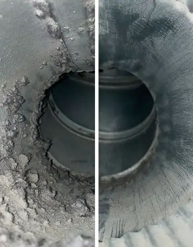 A side-by-side, before and after comparison of a clogged vs cleaned dryer vent by Top Notch Heating, Cooling & Plumbing.
