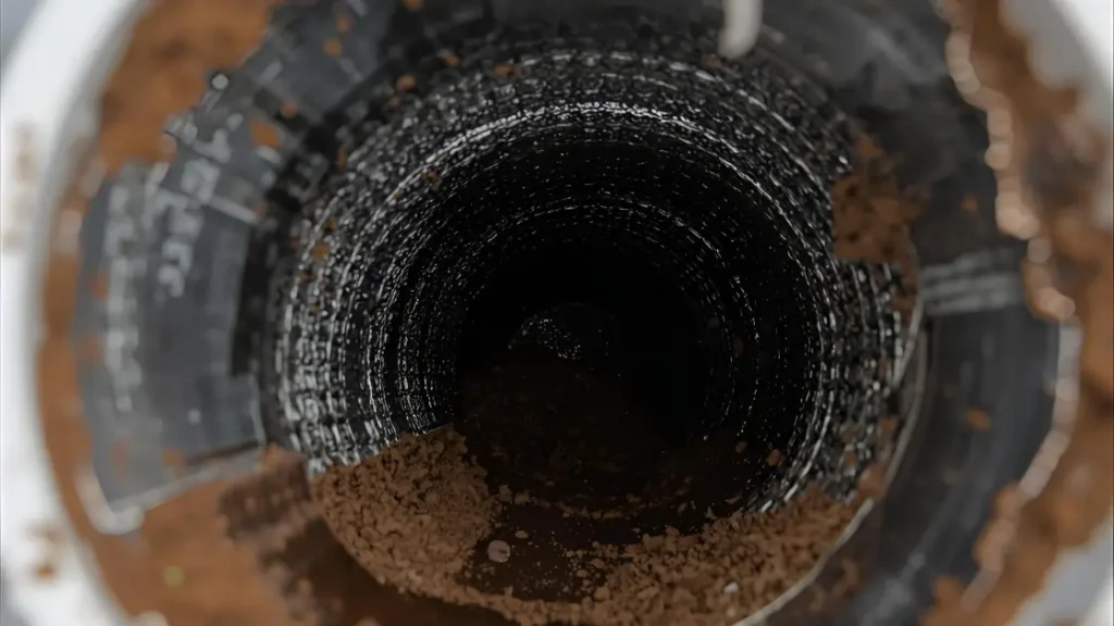 The inside of a home's dryer ventilation tubing, showing buildup of lint and debris.