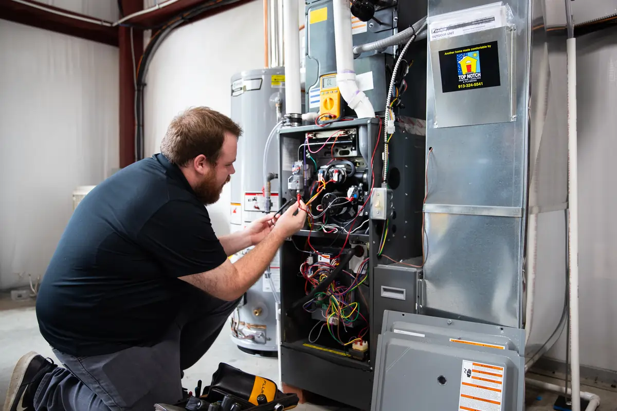 Top Notch Heating, Cooling & Plumbing furnace technician servicing a heater