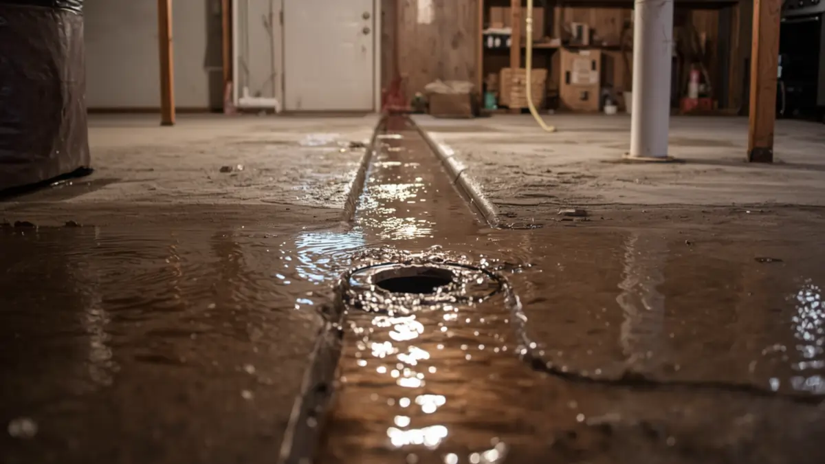 Basement floor drain water backup after heavy Kansas City rain drain clearing