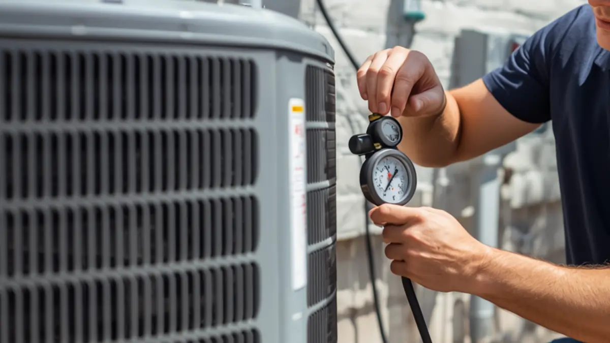HVAC technician spring AC maintenance outdoor condenser unit at a Lenexa home