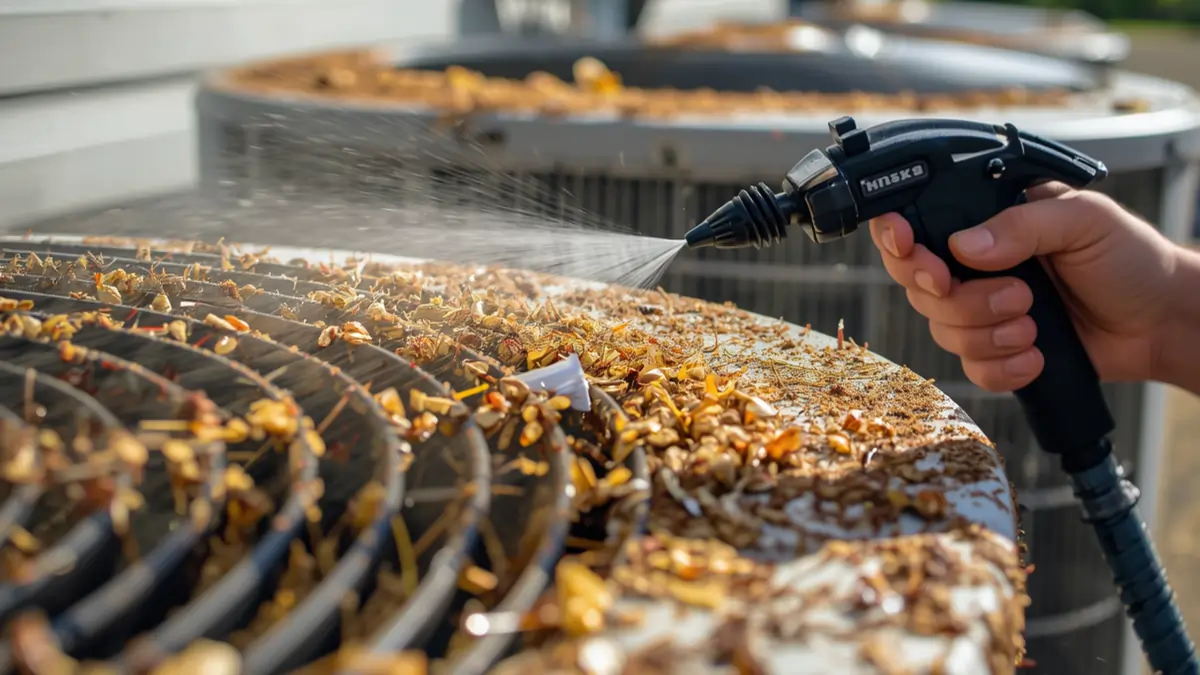 Technician cleaning outdoor condenser coils covered in pollen and debris Top Notch Heating Cooling Plumbing Lenexa
