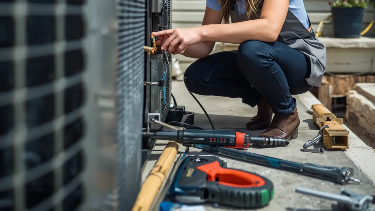 Technician inspecting electrical components inside an HVAC unit Lenexa Top Notch Cooling