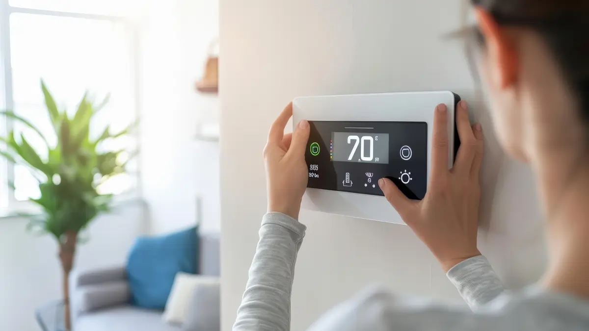 Homeowner adjusting a smart thermostat on the wall Top Notch Heating Cooling Plumbing