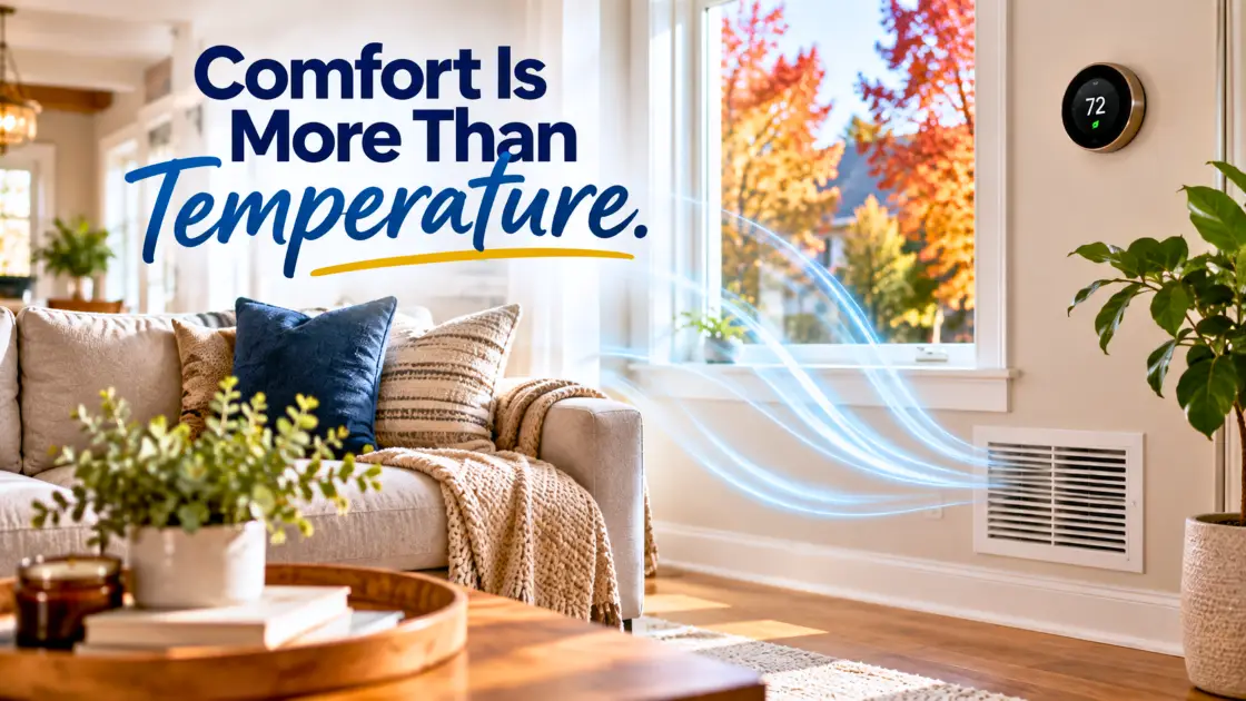 "Comfort is More Than Temperature." superimposed over a Kansas City home living space in Autumn, Top Notch Heating Cooling & Plumbing